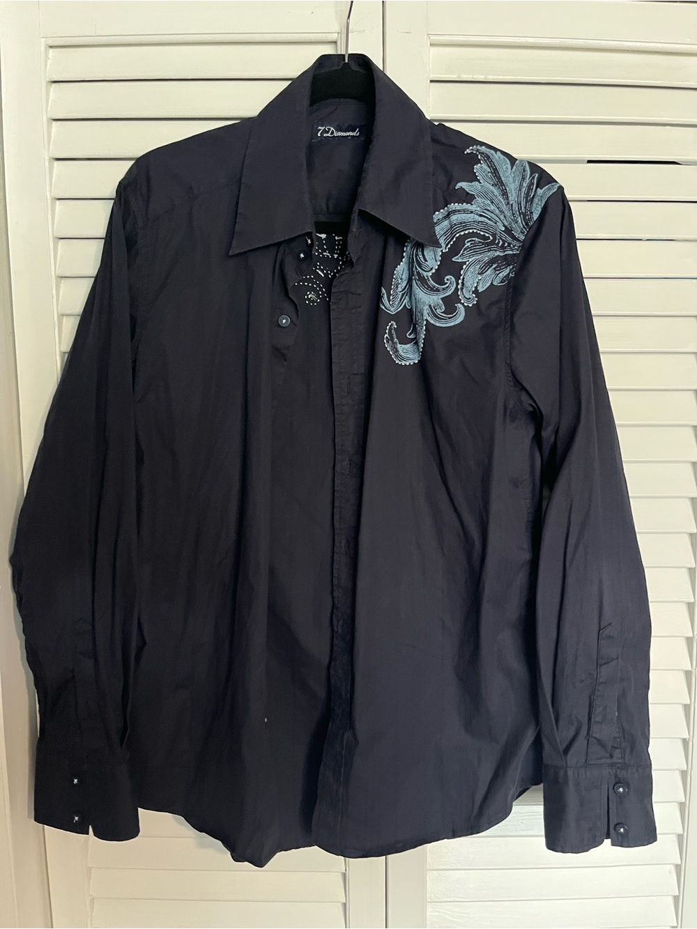 7 Diamonds Men's Black Button-Down Shirt with Blue Embroidered Accent